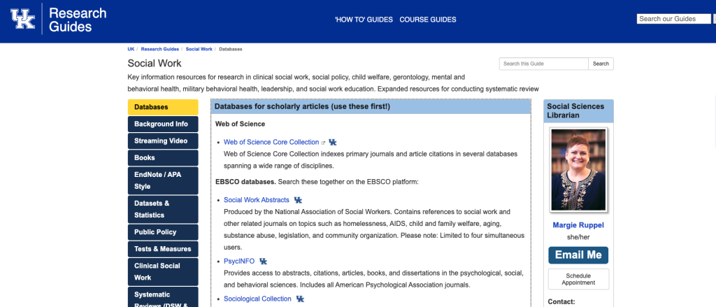 Screen shot of the Social Work Research Guide page on UK Libraries website